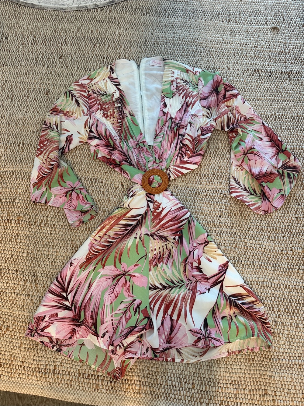 Pink Lily Pink, Green & White Tropical Belted Romper